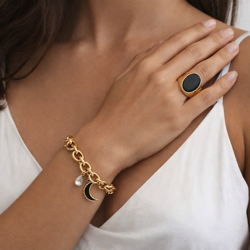 Luxe 18K Gold Plated Black Crescent Moon Chain Bracelet & Ring Piece Set Fast Bundle